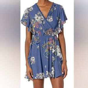 Angie Peekaboo Women Blue Floral Print Smocked Waist sun Mini Dress S